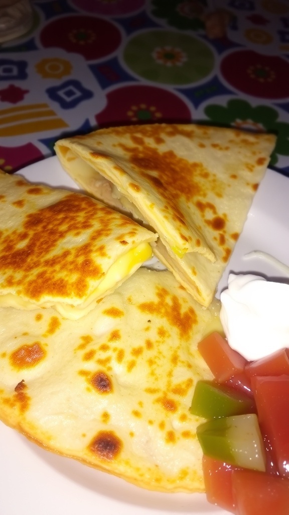 Cheesy quesadilla cut into wedges, served with salsa and sour cream on a colorful plate.